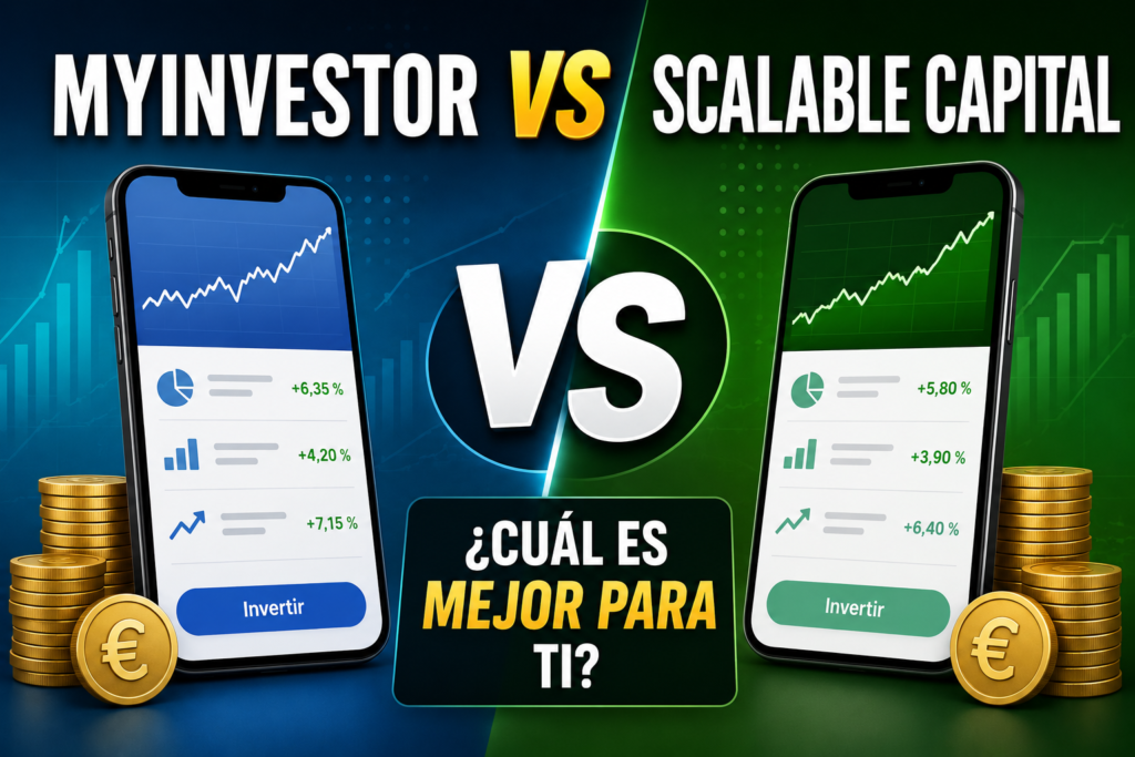 Comparativa visual entre MyInvestor y Scalable Capital con el signo VS en el centro