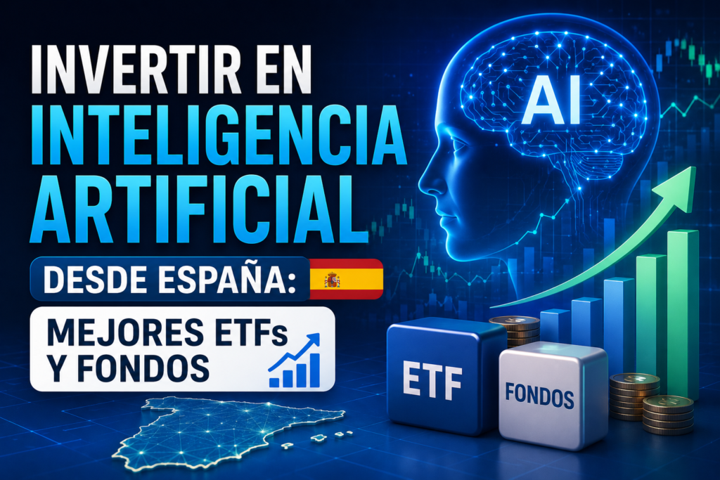 Ilustración de un cerebro digital con el texto invertir en inteligencia artificial desde España