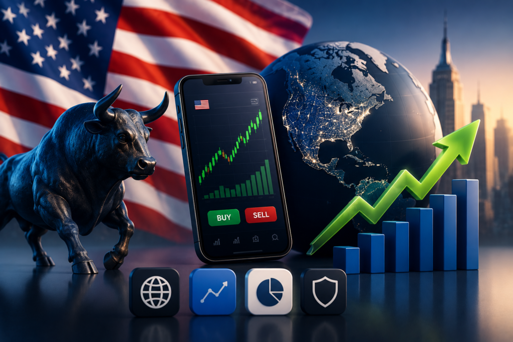 Bandera de Estados Unidos junto a pantallas con cotizaciones de acciones americanas