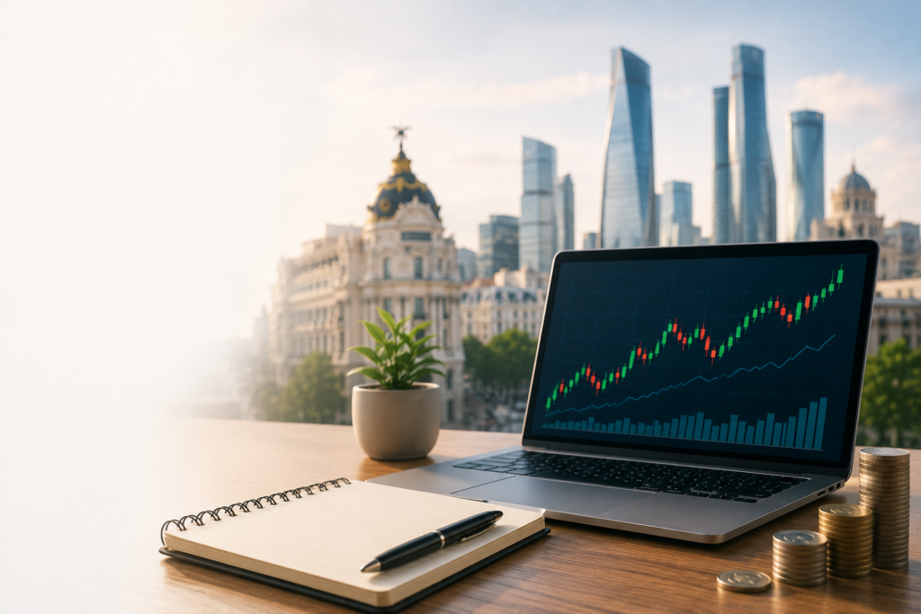 Móvil con una aplicación de bolsa ante el horizonte financiero de una gran ciudad española