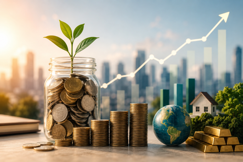 Ilustración sobre cómo invertir 50.000 euros con monedas apiladas y una planta creciendo