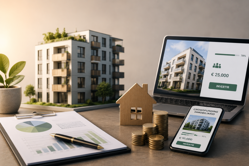 Edificios de viviendas junto a un portátil que representan la inversión inmobiliaria sin comprar piso