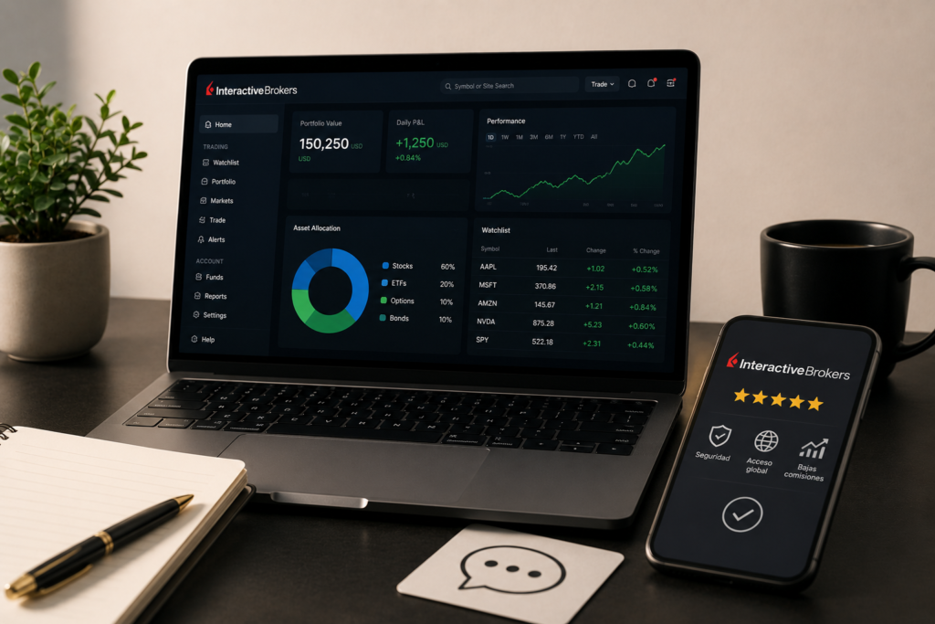 Portátil y móvil con la plataforma de Interactive Brokers y una valoración de cinco estrellas