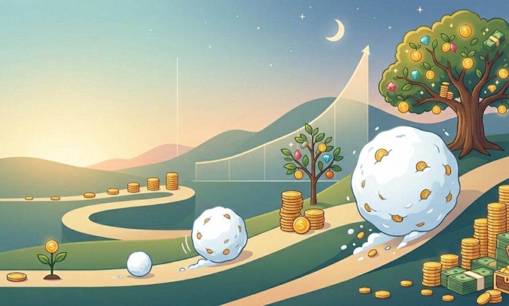 Ilustración del interés compuesto con monedas y una curva de crecimiento