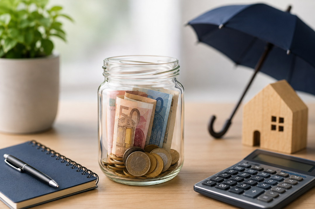 Fondo de emergencia: bote de cristal con billetes y monedas junto a una calculadora, una libreta y una casa de madera