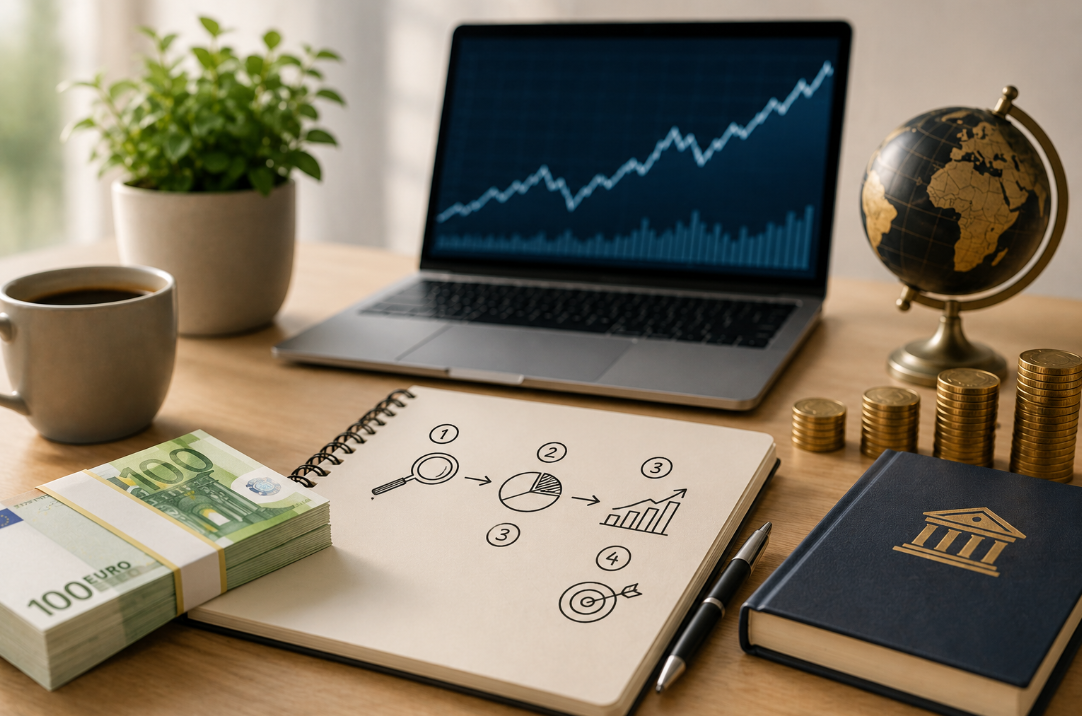 Portátil con un gráfico de inversión, billetes de cien euros y un cuaderno de planificación financiera