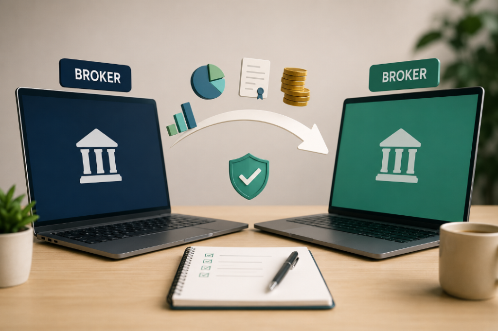 Dos portátiles con iconos de bancos y una flecha que ilustra el traspaso de una cartera entre brokers