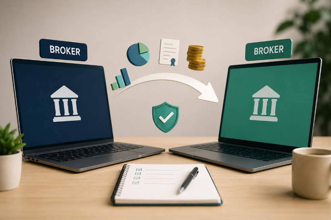 Dos portátiles con iconos de bancos y una flecha que ilustra el traspaso de una cartera entre brokers