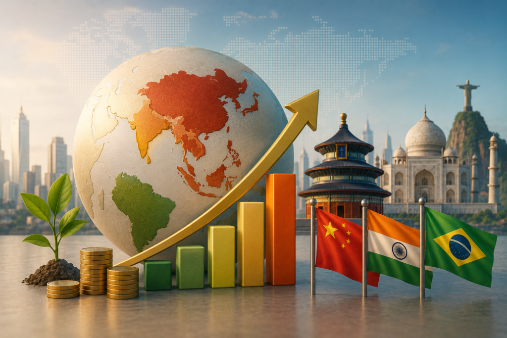 Ilustración sobre invertir en mercados emergentes: China, India y Brasil